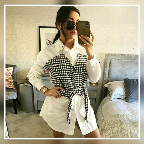 Made in Italy New Collection Dog Tooth Pattern Belted Shirt Dress Best-selling Be Unique Fashion Boutique